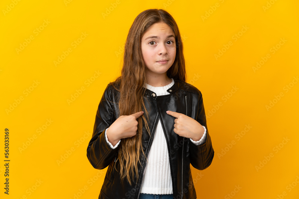 Child over isolated yellow background pointing to oneself Child over isolated yellow background pointing to oneself