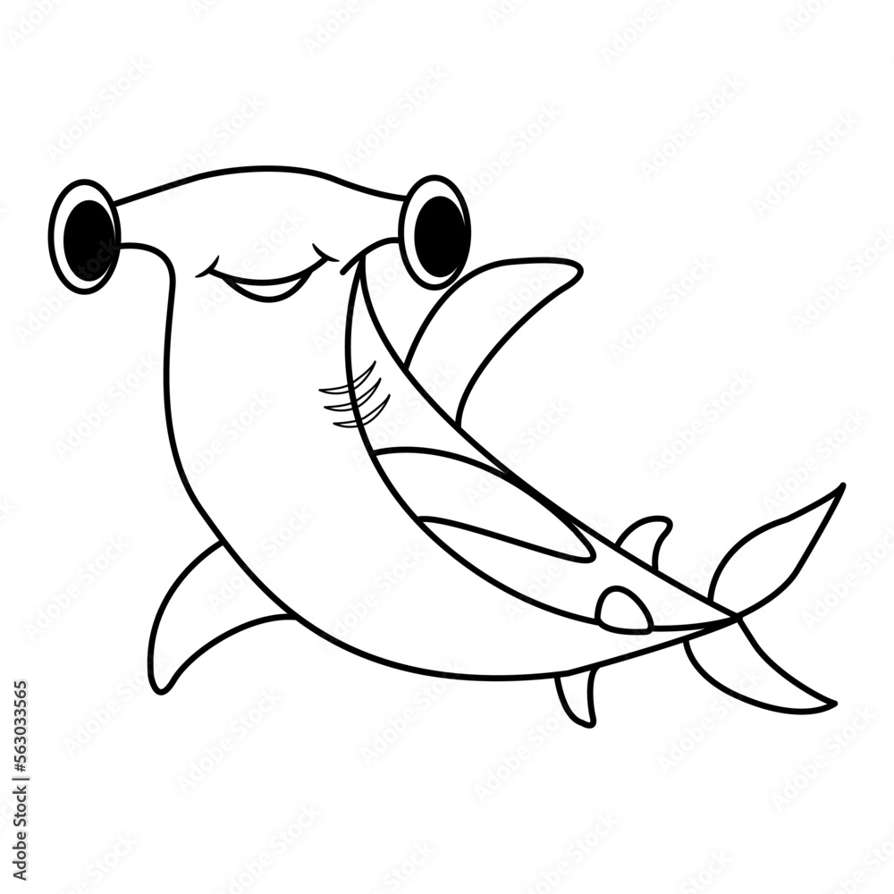 Obraz premium Cartoon hammerhead fish for coloring book. Marine hammerhead fish vector illustration isolated on white background
