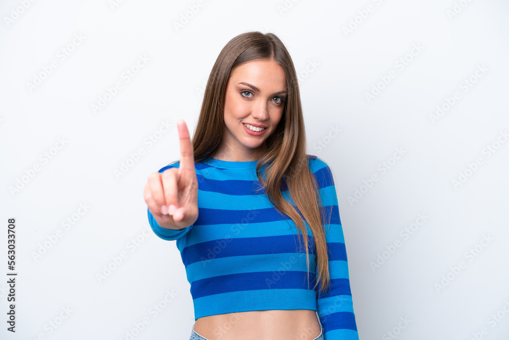 Young caucasian woman isolated on white background showing and lifting a finger Young caucasian woman isolated on white background showing and lifting a finger