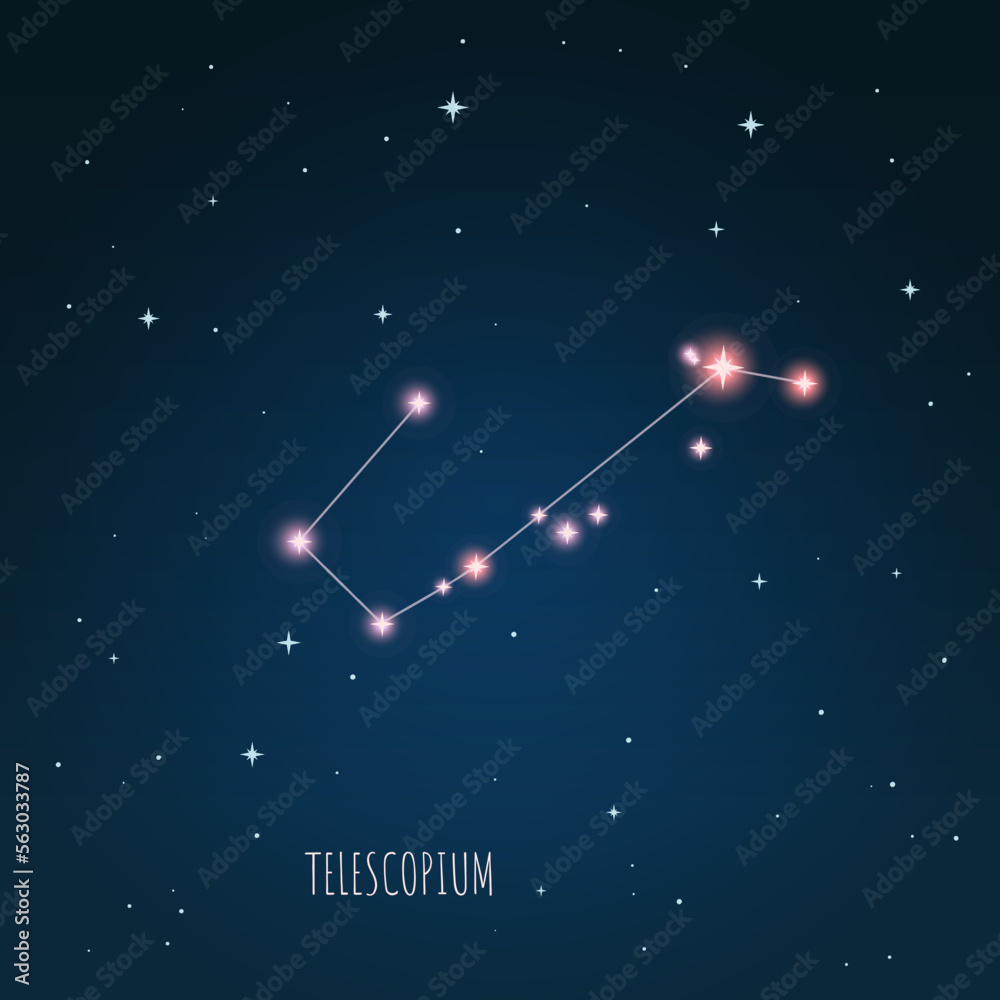 Constellation scheme in starry sky. Open space. Vector illustration Telescopium constellation through a telescope