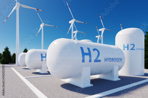 h2 hydrogen tank and wind power turbines, 3d rendering photo