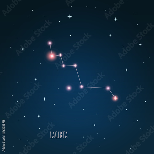 Constellation Lacerta scheme in starry sky. Open space. Vector illustration, constellation  through a telescope