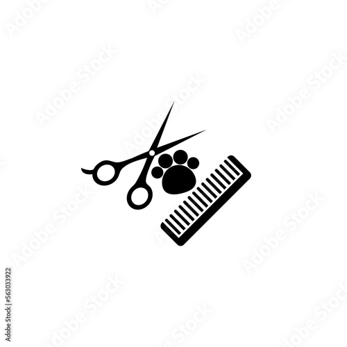 Dog grooming logo design template. Dog paw print with comb and scissors isolated on white background