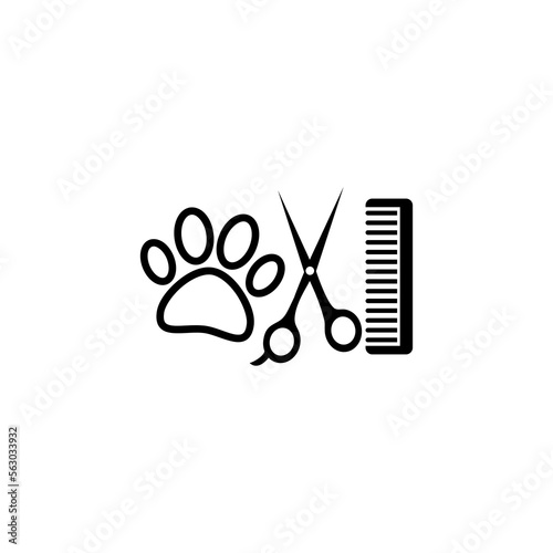 Dog grooming logo design template. Dog paw print with comb and scissors isolated on white background