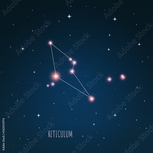 Constellation scheme in starry sky. Open space. Vector illustration Reticulum constellation through a telescope