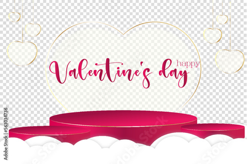 Vector  postcard with text  Valentine s Day on a transparent background  golden hearts. Beautiful illustration for congratulations  printing  advertising of goods on the pink podium. The concept of
