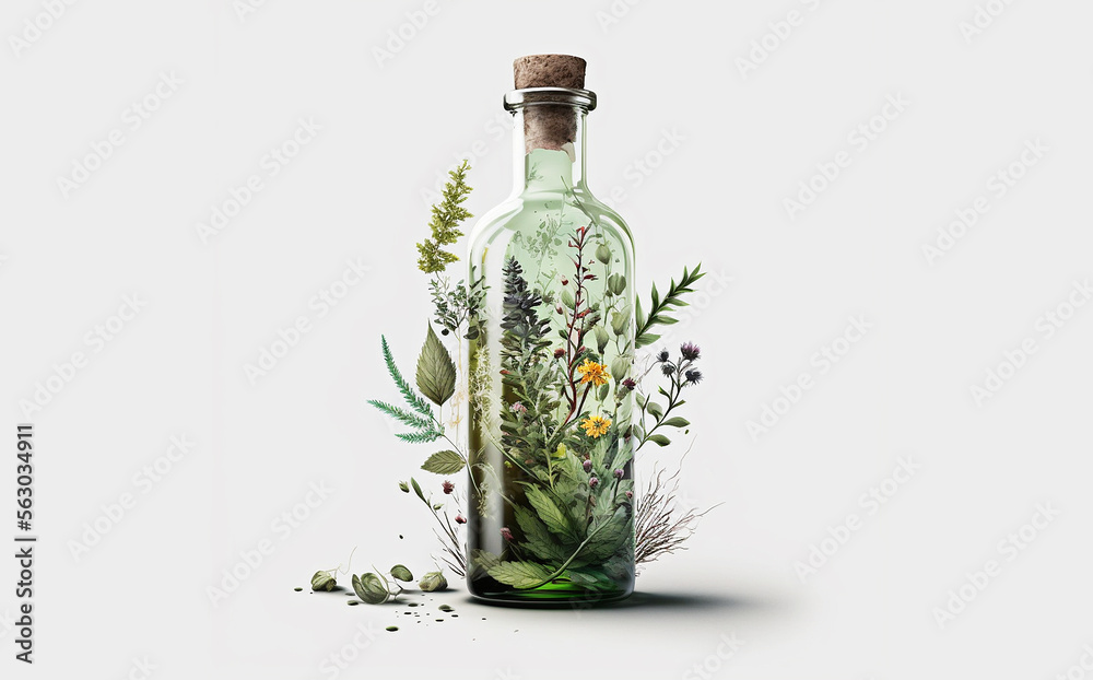 Herb oil bottles homeopathy herbs. Generative AI, - obrazy, fototapety, plakaty 