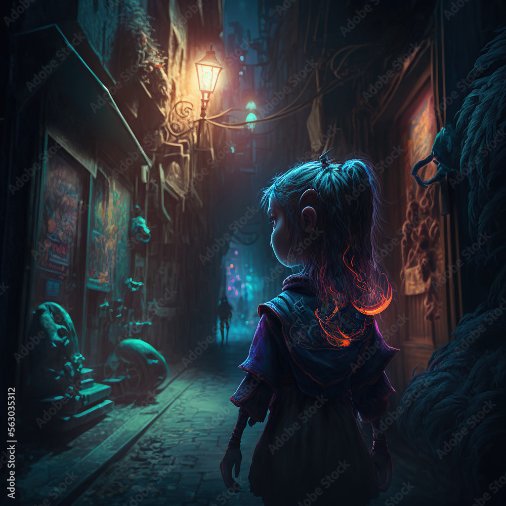 Fototapeta premium child walking in narrow and dark city corridor