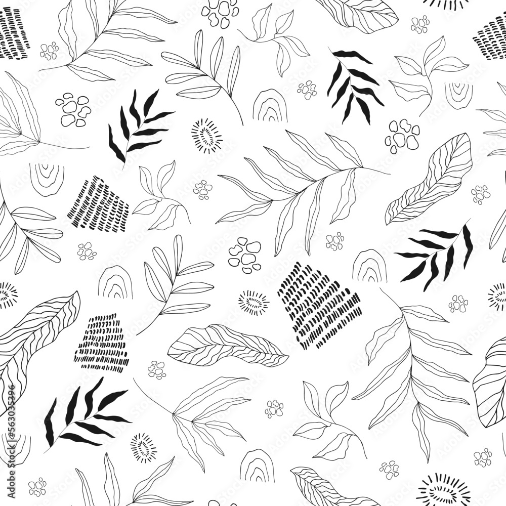 Fototapeta premium Seamless black and white background with abstract vegetation, branches, leaves and elements in a linear style outline. Vector