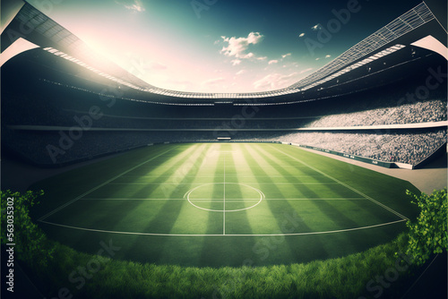 Soccer field inside large stadium, green grass, generative ai