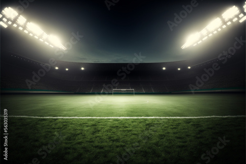 Soccer field inside large stadium, green grass, generative ai © Artofinnovation