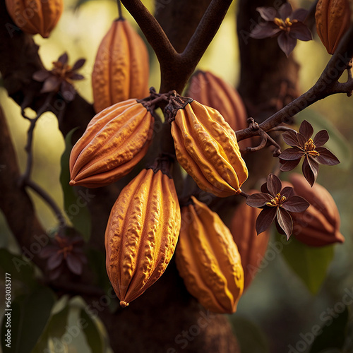 Cocoa beans on a tree. Generative AI.