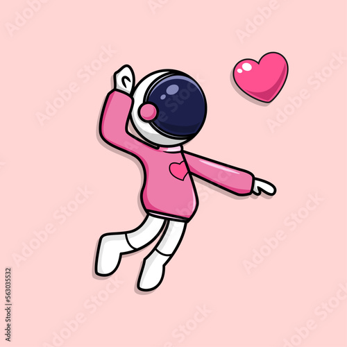 Cute Astronaut Play Volle Ball Love Icon Cartoon Vector Icon Illustration. Science Technology Icon Concept Isolated Premium Vector. Flat Cartoon Style