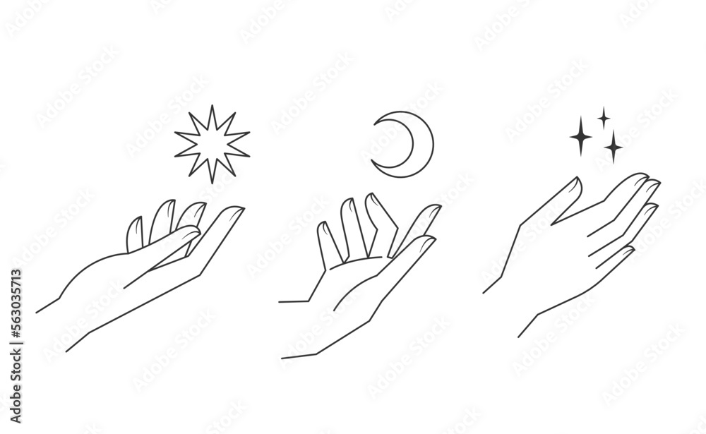 Aesthetic hands vector linear illustrations. Stylized elegant hand drawings with different gestures.