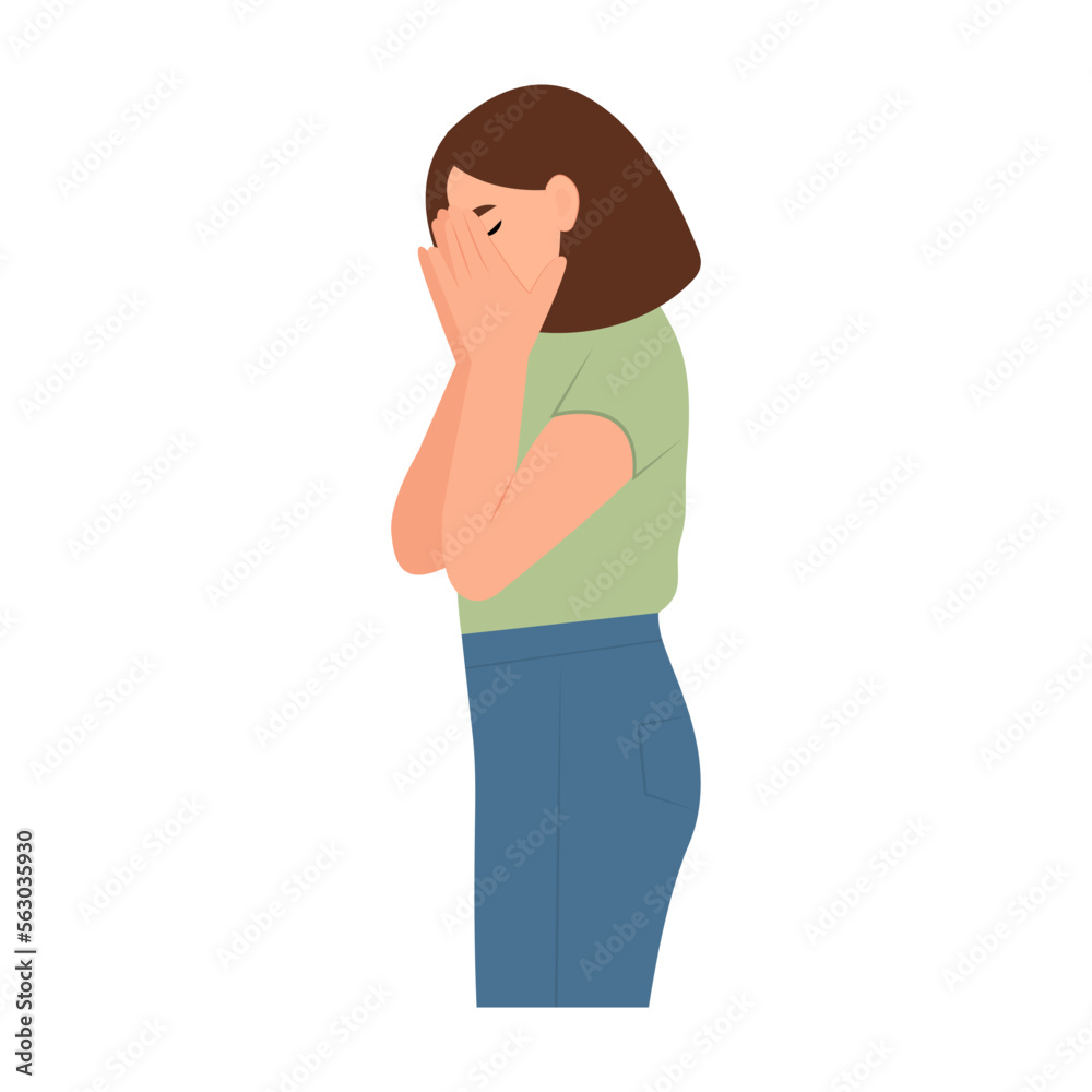 Lonely sad young girl cries covering her face with her hands. Weeping woman emotions grief, sorrow, sadness. Mental disorder or illness concept. Vector illustration Lonely sad young girl cries covering her face with her hands. Weeping woman emotions grief, sorrow, sadness. Mental disorder or illness concept. Vector illustration