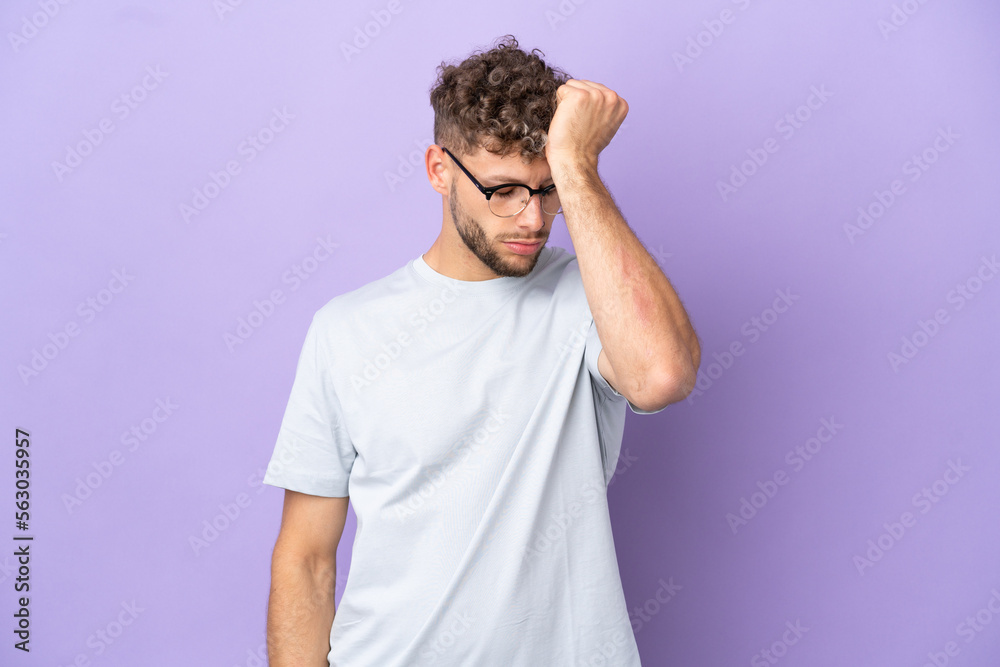 Delivery caucasian man isolated on purple background with headache Delivery caucasian man isolated on purple background with headache