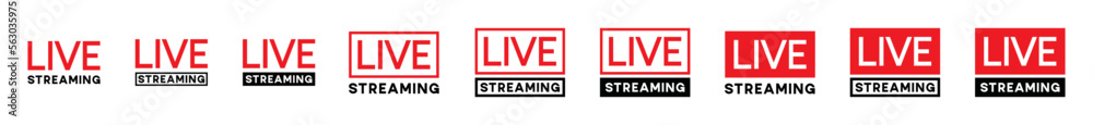 Fototapeta premium Live streaming icons set. Video live broadcasting for blog, television, movies, shows, news and various video content. Live streaming red buttons stock vector, symbol illustration
