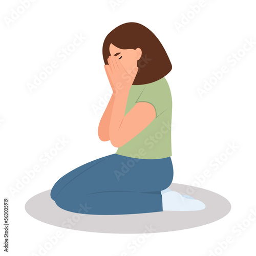 Lonely sad young girl cries covering her face with her hands. Sorrow and grief. The concept of mental disorder, sadness and depression. Vector illustration