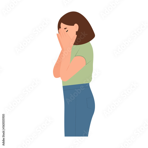 Lonely sad young girl cries covering her face with her hands. Weeping woman emotions grief, sorrow, sadness. Mental disorder or illness concept. Vector illustration