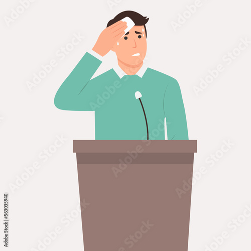 Glossophobia or fear of public speaking. Nervous man feel stressed speaking in front of public. Anxious worried male speaker sweat with pain and anxiety on stage. Concept of audience fear.