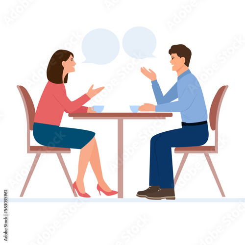 People talking together. Man and woman  conversation with speech bubbles. Flat vector illustration