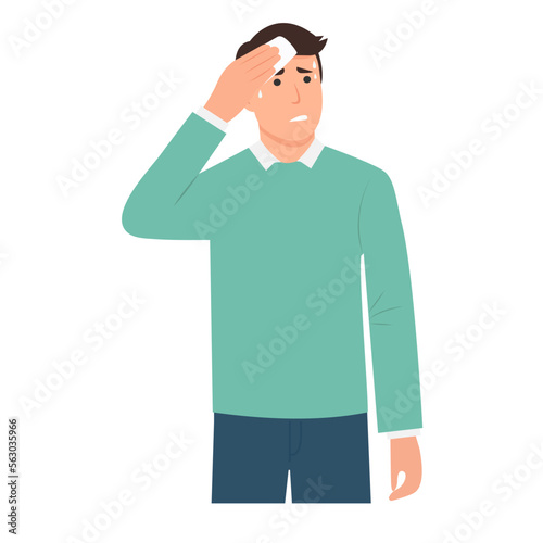 Man wiping sweat with napkin. Anxious excited man sweating in anxiety. Concept of audience fear. Vector illustration