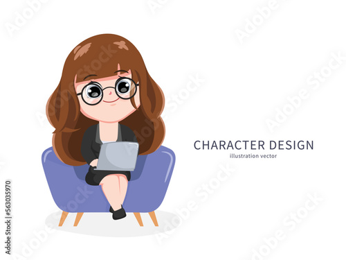 Businesswoman creation character working with laptop in uniform suit. Chibi cartoon business people style.	