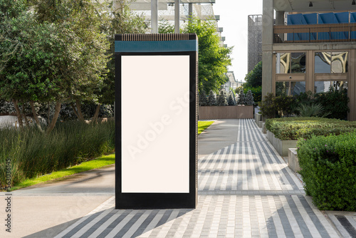Blank electronic advertising poster with blank space screen for text message or promotional content, clear banner in urban setting, empty poster, public information billboard photo