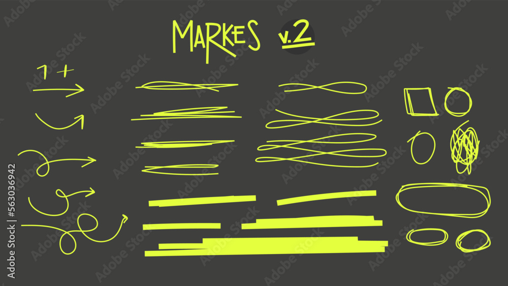 Hand drawn marker strokes v.2. Yellow marker stroke lines, markers stripes and highlight elements, permanent marker signs vector illustration set as check marks, heart, arrow with various direction