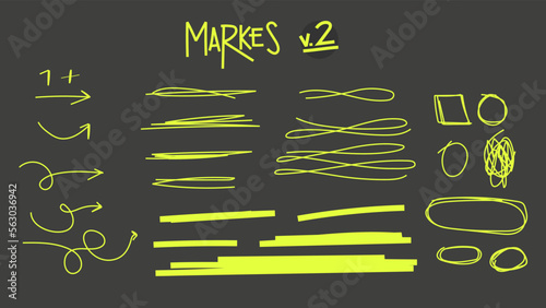 Hand drawn marker strokes v.2. Yellow marker stroke lines, markers stripes and highlight elements, permanent marker signs vector illustration set as check marks, heart, arrow with various direction