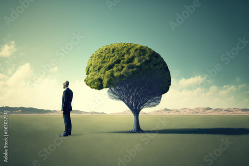 businessman near a human brain tree on head of businessman on a meadow background. (ai generated) photo