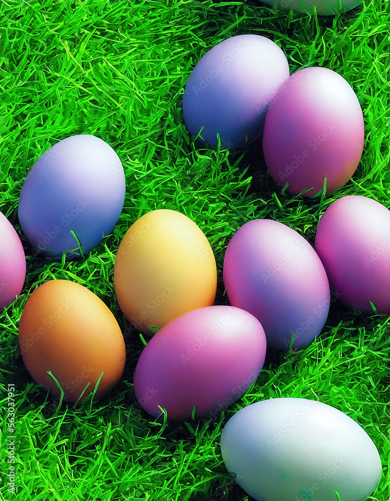 Colored Easter eggs on spring green grass. Seamless tile pattern. Easter good mood eggs. Generative art.