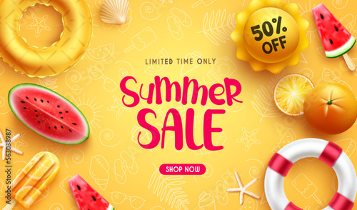 Summer sale vector design. Summer sale up to 50% off promotion text with tropical season elements in background. Vector illustration summer holiday advertisement.
