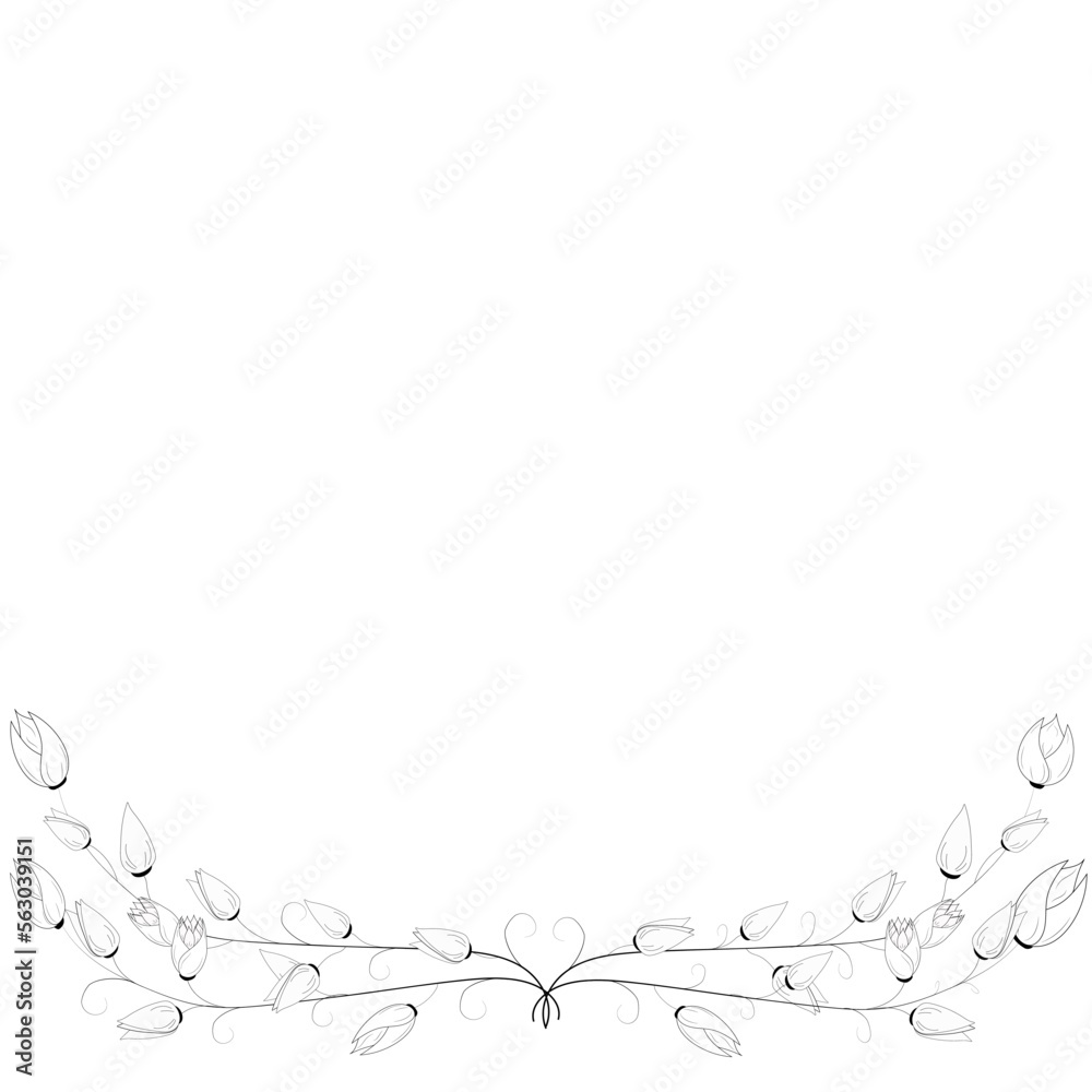 A branch of decorative tulip flowers. Floral composition, floral background with tender flowers and branches of buds. Hand drawing. For stylized decor, invitations, postcards, posters, cards, backgrou A branch of decorative tulip flowers. Floral composition, floral background with tender flowers and branches of buds. Hand drawing. For stylized decor, invitations, postcards, posters, cards, backgrou