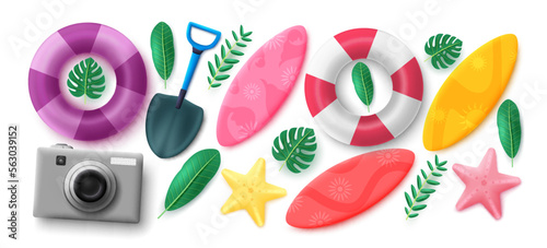 Summer elements vector design. Summer beach objects like floater, surfboard, shovel and camera isolated in white background. Vector illustration summer elements collection. 
