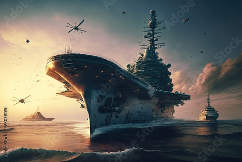 Fotomurale War ships campaign on the sea, military force, war over seas, Generative Ai