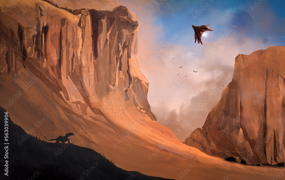 Spaceship flying over canyon, 3D illustration