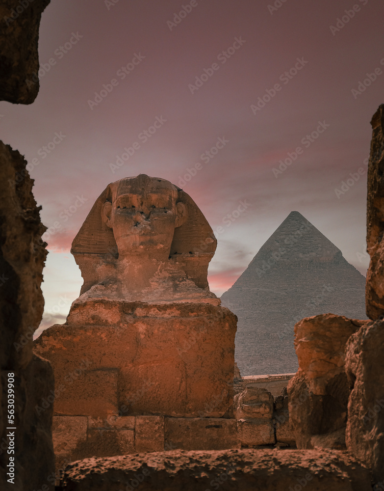 Sphinx in front of Pyramid Close-Up , Giza in Cairo, Egypt - obrazy, fototapety, plakaty 