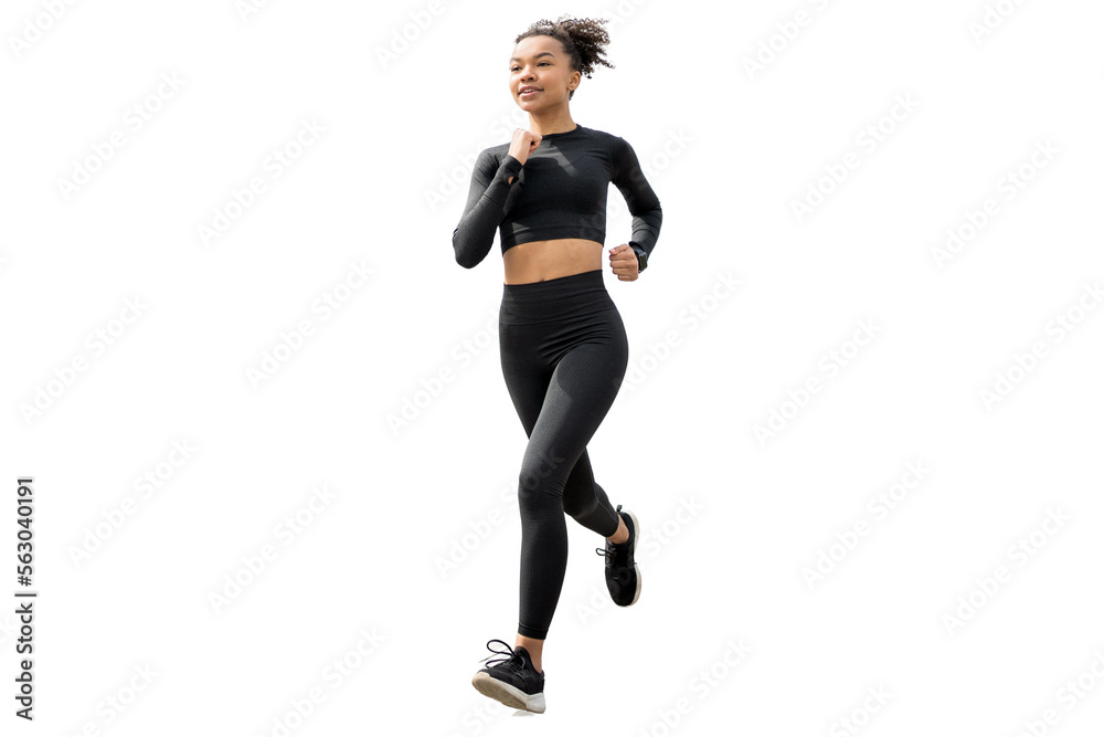 Runner Woman jogging full-length fitness running shoes and workout suit,  isolated transparent background.