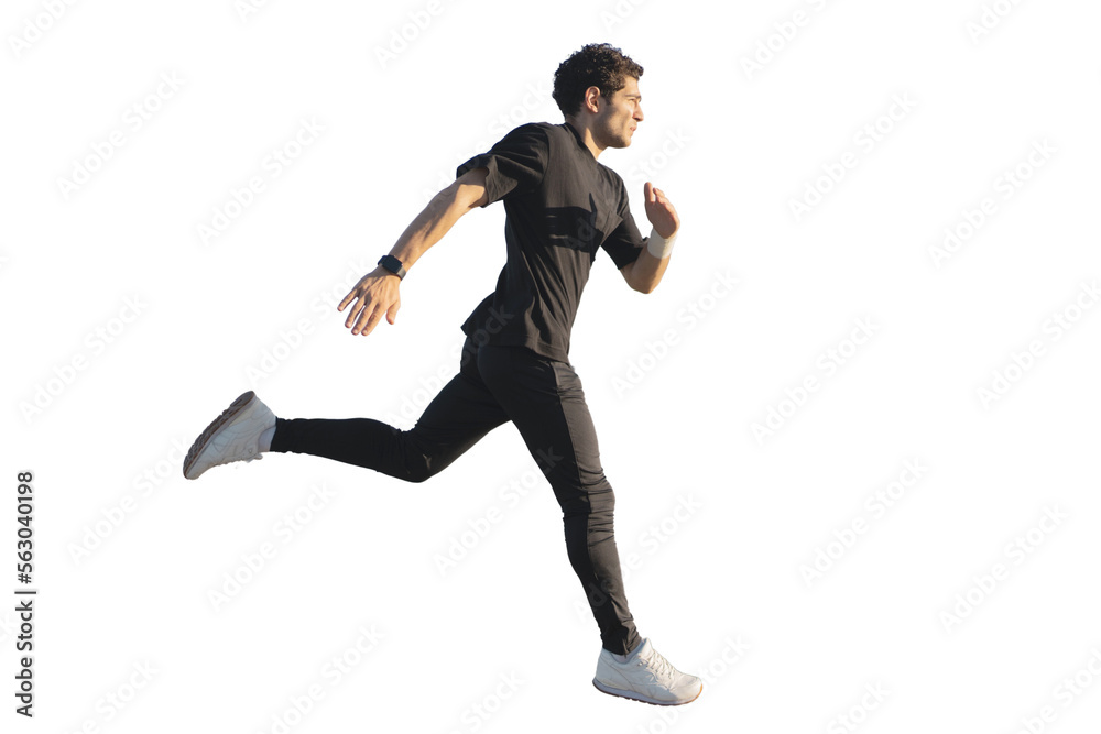 Man running jogging full-length, active training, isolated transparent background. Man running jogging full-length, active training, isolated transparent background.