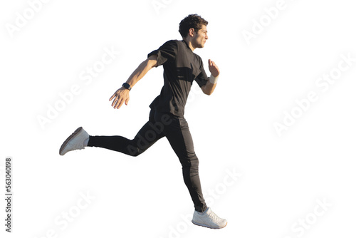 Man running jogging full-length, active training, isolated transparent background.