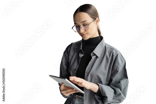 Surf the Internet Business woman glasses uses a tablet computer, isolated transparent background.