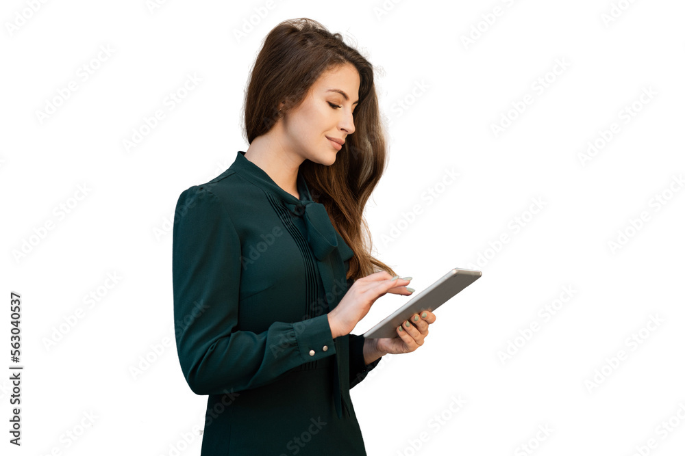 Female manager in a dress using a tablet in the hand of an office employee, isolated transparent background. Female manager in a dress using a tablet in the hand of an office employee, isolated transparent background.