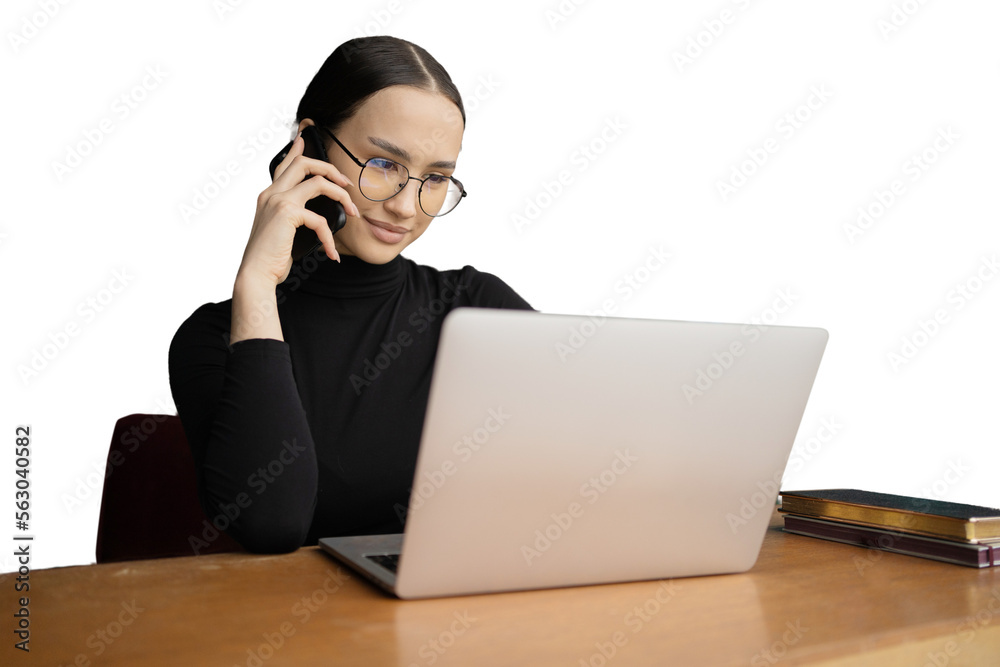 Business person woman glasses using laptop office, isolated transparent background. Typing text on the keyboard. Business person woman glasses using laptop office, isolated transparent background. Typing text on the keyboard.