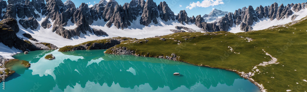 Illustration of a lake in the alps with mountain landscape with snow on top in the background