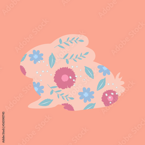 Happy Easter banner, poster, greeting card. Trendy Easter design with typography, bunny silhouette and flowers in pastel colors. Modern minimalist style