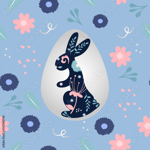 Seamless Easter pattern with bunny, eggs and flowers. Cute hand drawn Easter doodle background.