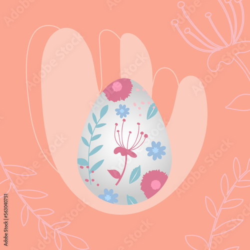 Happy Easter banner, poster, greeting card. Trendy Easter design with typography, Easter egg with flowers in pastel colors. Modern minimalist style