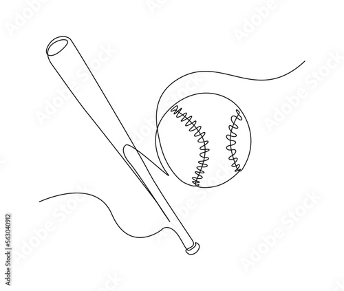 Continuous one line drawing of baseball bat and the ball. Simple Baseball bat line art vector illustration.