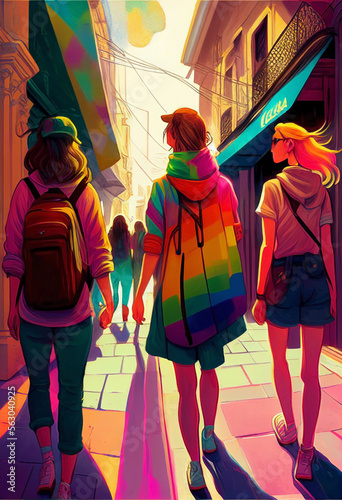 Gay-friendly LGBTQ rainbow flag at Pride. Group of girls walking. Three girls walking through the city on pride day. Three lesbian women walking around with a rainbow flag.